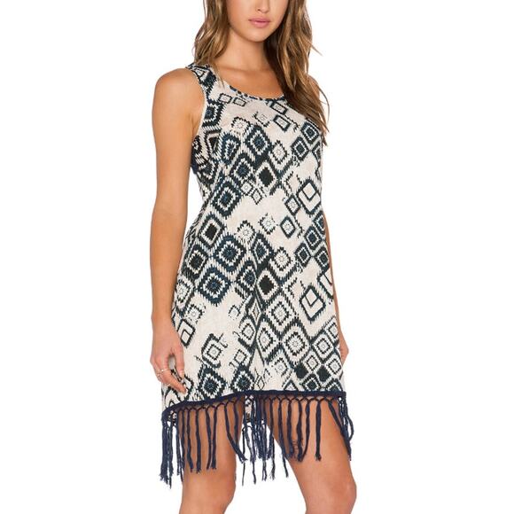 BAND OF GYPSIES Tribal Romper Dress Fringed Geometric Pattern White Blue Size S - Picture 2 of 10